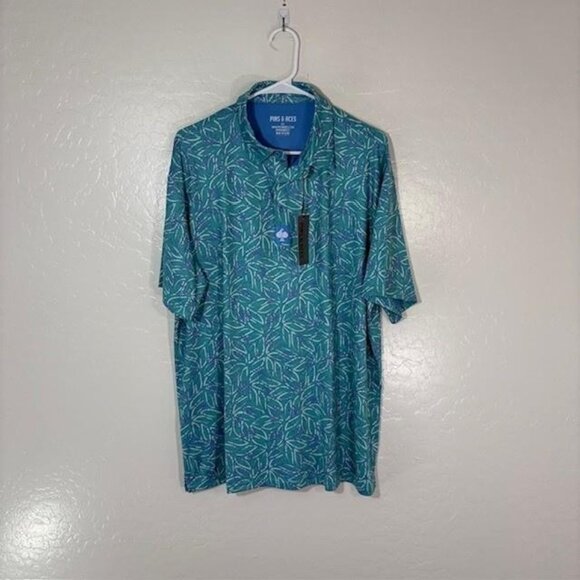 Pins & Aces Polo Shirt Mens 2XL Blue Green Palm Leaf Golf Performance Stretch - Picture 1 of 7